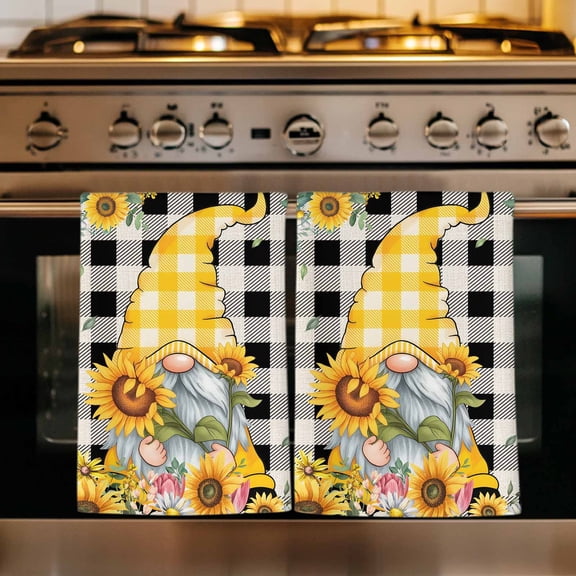 Gnomes Plaid Kitchen Towels Set of 1, Yellow Sunflower Farmhouse Bee Black Check Absorbent Dish Towels for Kitchen, Microfiber Hand Towel, Quick Drying Tea Towel for Cleaning Decorative Dishcloths