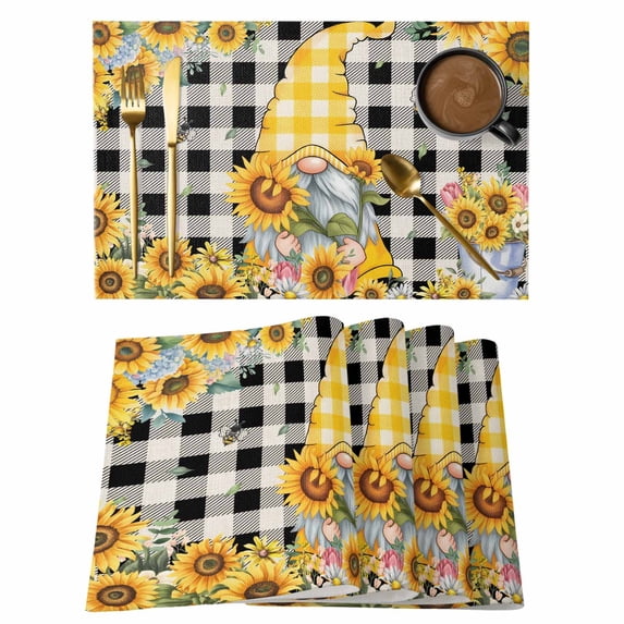 Gnomes Plaid Placemats Set of 8, Yellow Sunflower Farmhouse Bee Black Check Placemats for Dining Table, Place Mats for Kitchen Tabletop, Waterproof Wipeable Dining Table Mats Set
