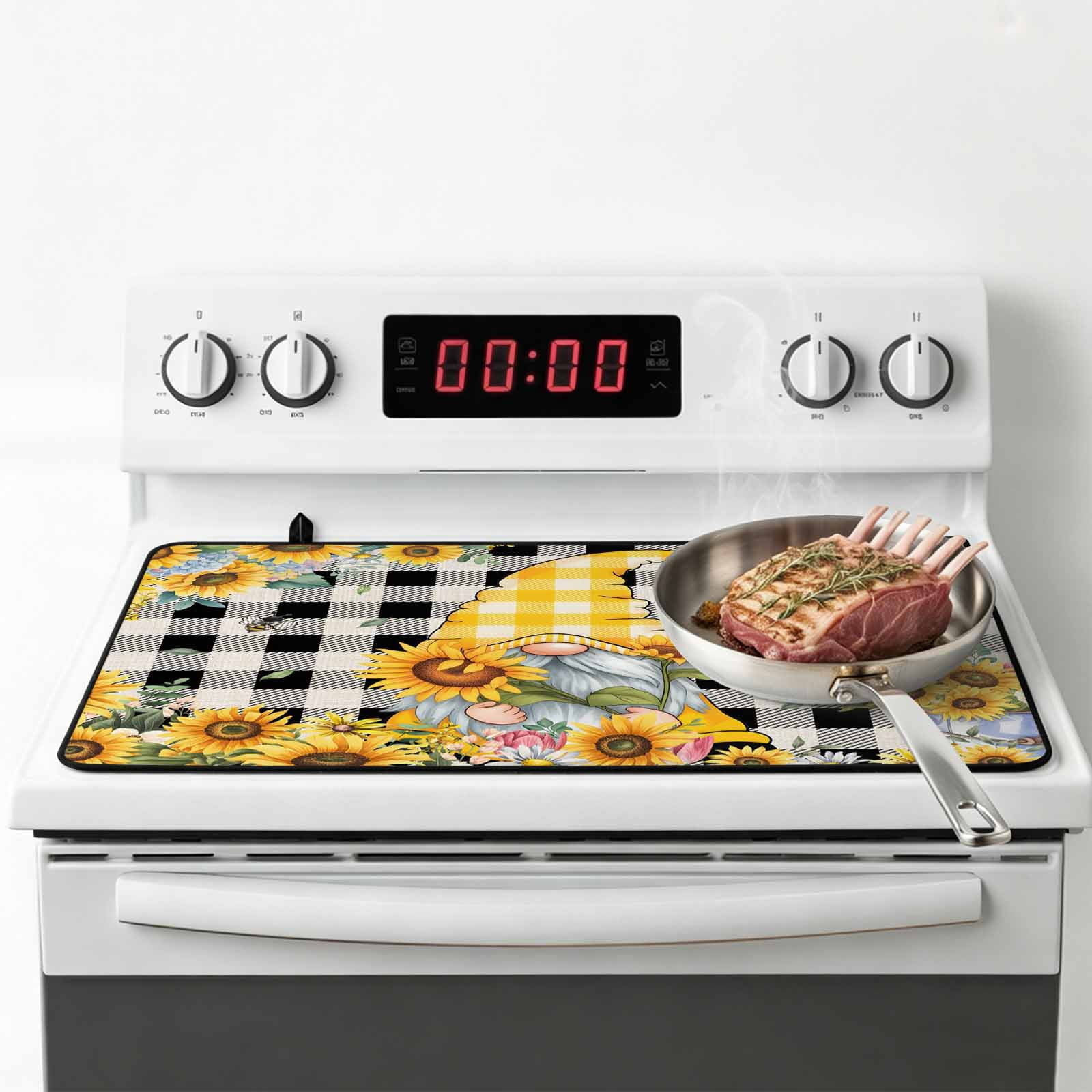 Gnomes Plaid Stove Top Cover for Electric Stove, Heat-proof & Non Slip Glass Top Stove Cover Protector, Yellow Sunflower Farmhouse Bee Black Check Kitchen Flat Cooktop Rubber Mat 31x24 Inches