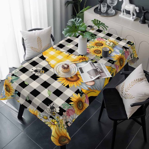 Gnomes Plaid Table Cloth Waterproof Tablecloths, Yellow Sunflower Farmhouse Bee Black Check Tablecloth Dining Table Cover for Kitchen Party Tabletop Outdoor, Rectangle Tablecloth 60x120 Inch
