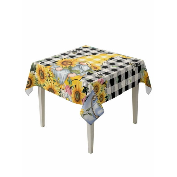 Gnomes Plaid Table Cloth, Yellow Sunflower Farmhouse Bee Black Check Waterproof Tablecloth for Square Tables, Reusable Washable Fabric Table Cover for Restaurant Kitchen Dining Tables 54"x54"