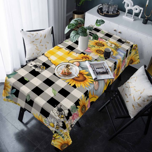 Gnomes Plaid Tablecloth Rectangle Table Cloth 60x120 , Waterproof Tablecloth Outdoor Table Cloth, Yellow Sunflower Farmhouse Bee Black Check Washable Table Cover for Kitchen Dining Party