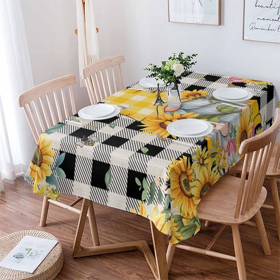 Gnomes Plaid Tablecloth Rectangle Table Cloth 60x84 , Waterproof Tablecloth Outdoor Table Cloth, Yellow Sunflower Farmhouse Bee Black Check Washable Table Cover for Kitchen Dining Party