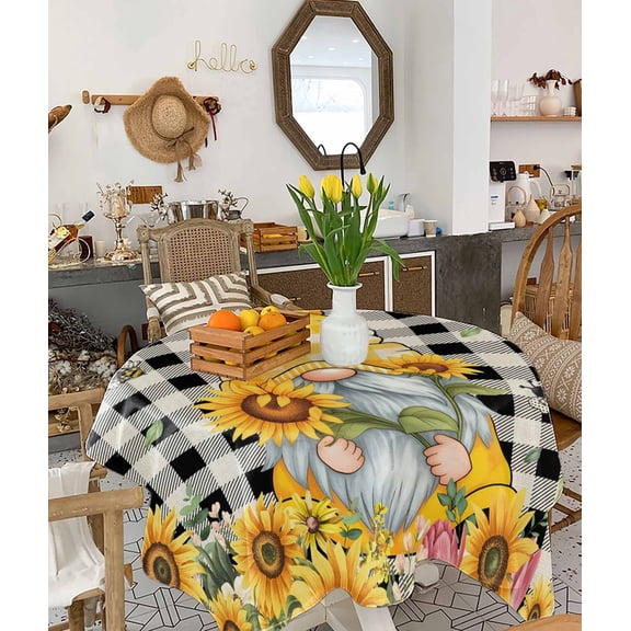 Gnomes Plaid Tablecloth Square Table Cloth 54x54, Waterproof Tablecloth Outdoor Table Cloth, Yellow Sunflower Farmhouse Bee Black Check Washable Table Cover for Kitchen Dining Party
