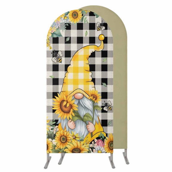 Gnomes Plaid Wedding Arch Cover,Stretchy Spandex Arch Backdrop Stand Covers 5 FT,Yellow Sunflower Farmhouse Bee Black Check Round Top Arched Backdrop Cover for Birthday Party Ceremony Baby Shower