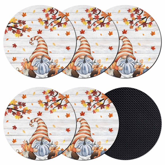 Gnomes Pumpkin Fall Coasters Set of 6, Absorbent Coasters for Drinks, Thanksgiving Branches Wooden Maple Leaves Coaster for Desk Coffee Table Protection, Home Decor House Warming Gifts 4"