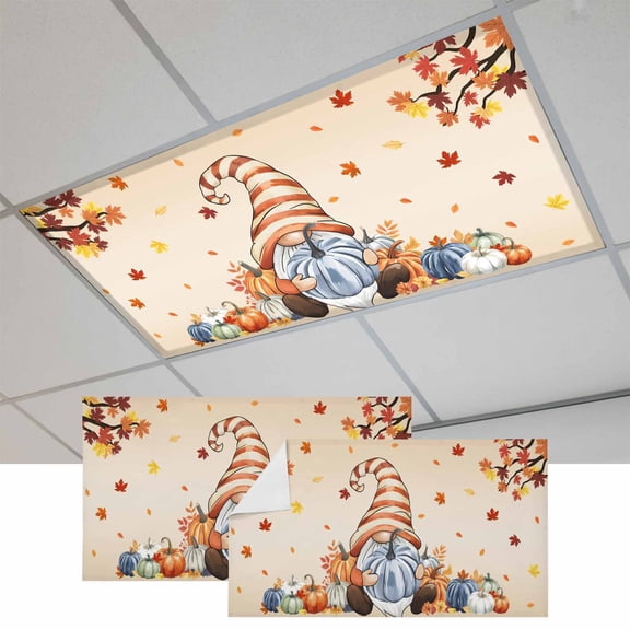 Gnomes Pumpkin Fall Fluorescent Light Covers, Branches Thanksgiving Wooden Maple Leaves Magnetic Light Covers for Ceiling Lights, Fluorescent Ceiling Shade for Classroom Bedroom Office 4x2Ft x 2PCS