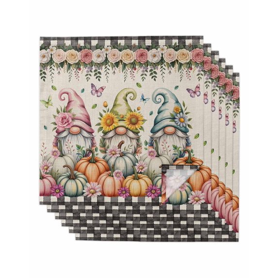 Gnomes Pumpkins Fall Cloth Napkins Set of 6 Reusable Dinner Napkins, Orange Pink Thanksgiving Floral Rustic Cocktail Napkin Washable Table Napkins for Wedding/Holiday Party/Baby Shower 20"x20"