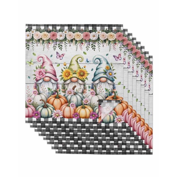 Gnomes Pumpkins Fall Cloth Napkins Set of 8 Reusable Dinner Napkins, Orange Pink Thanksgiving Botanical Cocktail Napkin Washable Table Napkins for Wedding/Holiday Party/Baby Shower 20"x20"