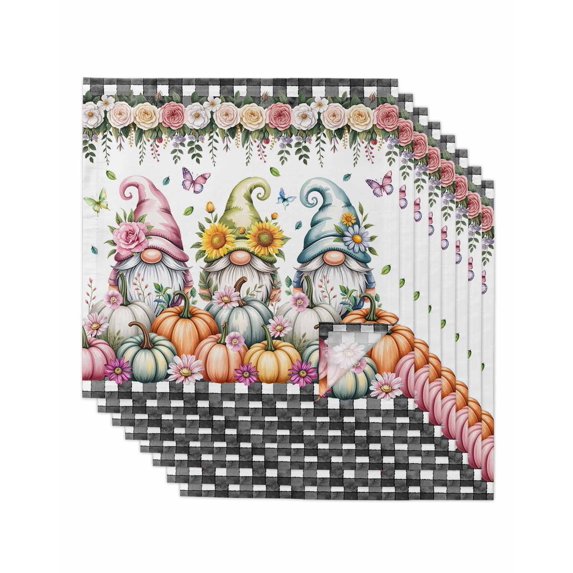 Gnomes Pumpkins Fall Cloth Napkins Set of 8 Reusable Dinner Napkins, Thanksgiving Floral Leaves Butterfly Cocktail Napkin Washable Table Napkins for Wedding/Holiday Party/Baby Shower 20"x20"
