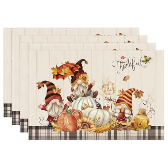 Gnomes Pumpkins Fall Placemats Set of 4, 12x18 inch Seasonal Autumn Maple Leaves Thanksgiving Kitchen Dinning Table Mats Washable Place Mats for Indoor Outdoor Home Party Decor
