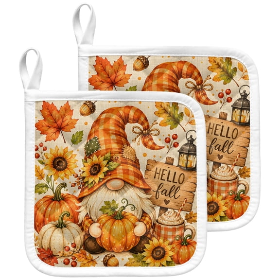 Gnomes Pumpkins Fall Pot Holders for Kitchen Heatproof Potholder, 2 Pack Thanksgiving Sunflowers Berry Rustic Hot Pads Multipurpose Oven Pads Terry Cloth Potholders Trivet for Cooking and Baking