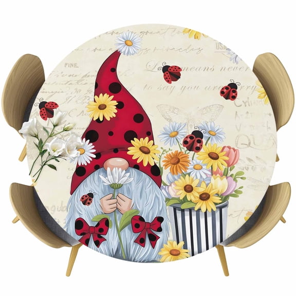 Gnomes Round Tablecloth 45-54 Inch Round Fitted Table Cloth with Elastic Edge, White Yellow Daisy Floral Country Garden Floral Waterproof Table Cover Protector for Outdoor Picnic Party Dining