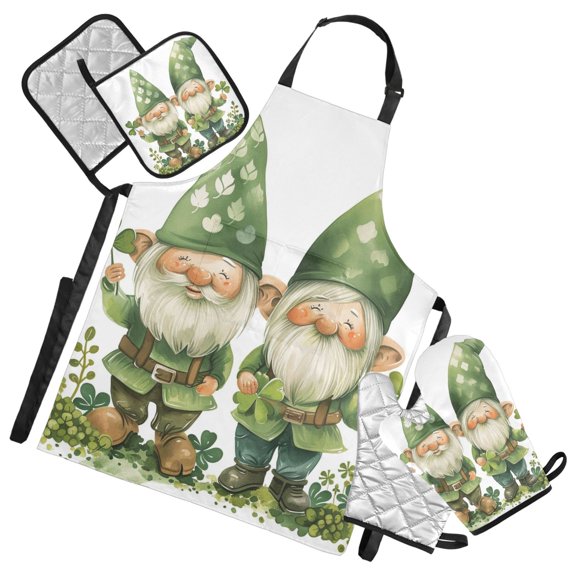 Gnomes Shamrock 5 Pcs Kitchen Set Heat Resistant Oven Mitts and Non-Slip Pot Holders with Adjustable Cooking Apron