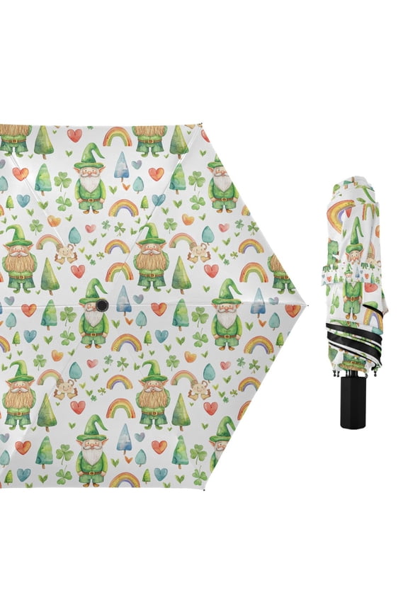 Gnomes Shamrock Tree Rainbow Compact Sun Umbrella Windproof Travel Umbrellas for Rain Strong Portable UV Protection
