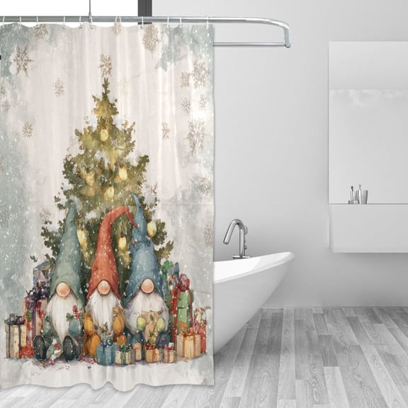 Gnomes Sitting in Front Christmas Tree Retro Shower Curtains with 12 Hooks Waterproof Bathroom Decor 66" x 72"