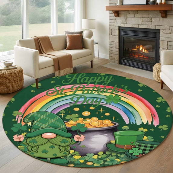 Gnomes St. Patrick's Day 6ft Round Rugs, Green Lucky Clovers Rainbow Washable Non-Slip Area Rugs for Living Room Bedroom Kitchen, Soft Low Pile Dining Room Kicthen Circle Carpet, Indoor Floor Rug