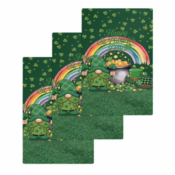 Gnomes St. Patrick's Day Kitchen Dish Towels for Drying Dishes Set of 3, Green Lucky Clovers Rainbow Waffle Weave Microfiber Hand Tea Bathroom Towels Quick Dry & Absorbent Towel 15.7x23.6