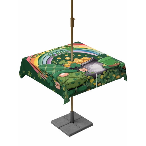 Gnomes St. Patrick's Day Outdoor Tablecloth - 54x54 Inch Square Dining Table Cover, Green Lucky Clovers Rainbow Waterproof Outdoor Table Cloth with Umbrella Hole & Zipper for Picnic/Patio/Party