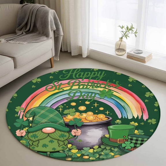 Gnomes St. Patrick's Day Round Area Rug 4ft, Green Lucky Clovers Rainbow Washable Non-Slip Circle Rugs for Bedroom Living Room Kitchen, Soft Non Shedding Circle Carpet for Dining Room Dorm