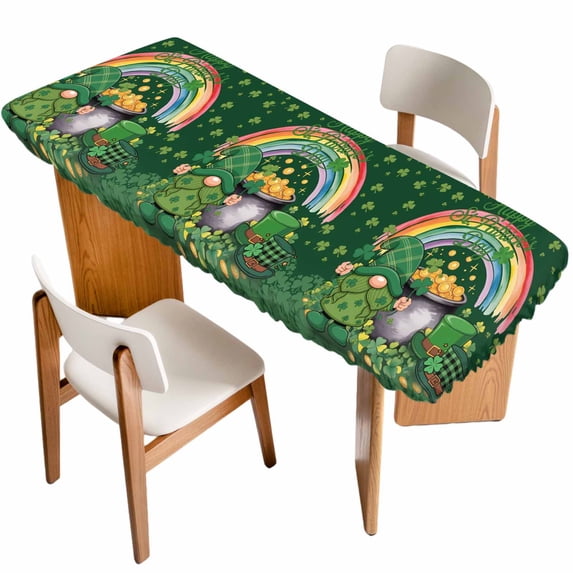 Gnomes St. Patrick's Day Table Cloths for 8 Foot Rectangle Tables, Green Lucky Clovers Rainbow Patio Waterproof Elastic Fitted Tablecloths, Washable Rectangular Table Cover for Camping