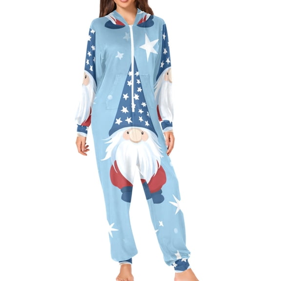 Gnomes Stars Independence Day Adult's Hoodie Onesie Jumpsuit One-Piece Pajamas with Zipper Unisex for Holiday M