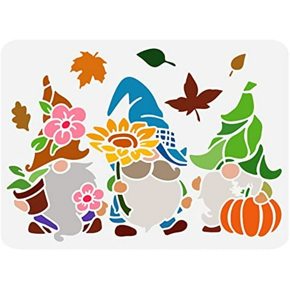 Gnomes Stencil for Painting Reusable Three Gnomes Fall Stencils for Decoration Plastic Dwarfs Pumpkin Maple Leaf Stencils for Painting on Furniture Wall Fabric Paper