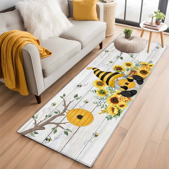Gnomes Sunflower 2'x6' Runner Rugs for Hallway Kitchen Bedside Non Slip Washable, Bees Branches Floral Wooden Entryway Rug Runners with Rubber Backing, Long Carpet Runner for Laundry Room