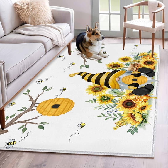 Gnomes Sunflower Area Rugs 4'x6', Washable Small Throw Rugs for Office Bathroom, Bees Branches Floral Farmhouse Indoor Outdoor Rug Non-Slip Low Pile Carpet Runner Reversible Floor Mats