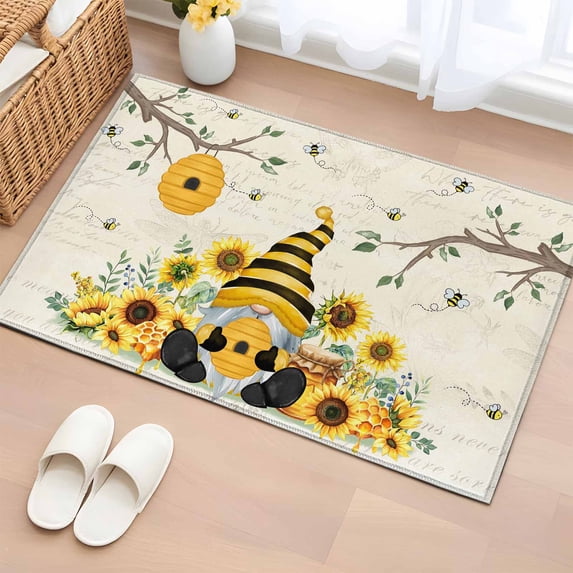 Gnomes Sunflower Entryway Rug 2'x3' Non Slip Front Door Mats, Bees Branches Floral Elegant Pastoral Entrance Rugs Indoor Outdoor Carpet, Washable Floor Mats Small Area Rug for Bedroom Kitchen