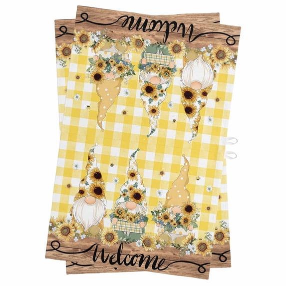 Gnomes Sunflower Kitchen Towels Set of 2, Water Absorbent Dish Towel, Yellow Checkered Pastoral Botanical Wooden Decorative Hand Towels - Quick Drying Cloth for Cooking Baking, 18x28 Inch