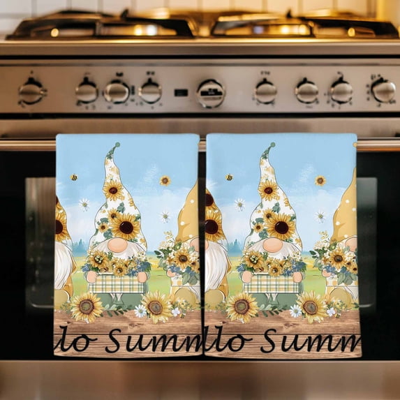 Gnomes Sunflower Kitchen Towels Set of 3, Elegant Pastoral Summer Botanical Wooden Absorbent Dish Towels for Kitchen, Microfiber Hand Towel, Quick Drying Tea Towel for Cleaning Decorative Dishcloths
