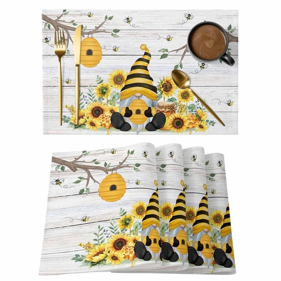Gnomes Sunflower Placemats Set of 4, Bees Branches Floral Wooden Placemats for Dining Table, Place Mats for Kitchen Tabletop, Waterproof Wipeable Dining Table Mats Set