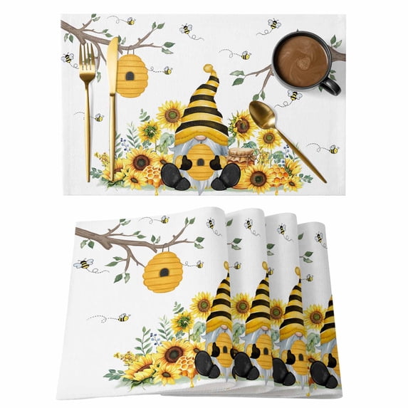 Gnomes Sunflower Placemats Set of 6, Bees Branches Floral Farmhouse Placemats for Dining Table, Place Mats for Kitchen Tabletop, Waterproof Wipeable Dining Table Mats Set