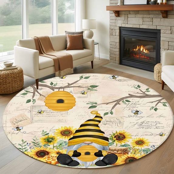 Gnomes Sunflower Round Area Rug 7Ft Washable Circle Rugs for Dorm Laundry Room, Bees Branches Floral Watercolor Non-Slip Carpet Floor Mats Indoor Outdoor Carpet Runner Aesthetic Home Decor