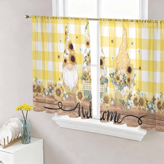 Gnomes Sunflower Sheer Curtains 54 Inch Length 2 Panels for Living Room, Yellow Checkered Pastoral Botanical Wooden Voile Kitchen Curtain Set, Luxury Privacy Drapes Window Treatment for Bedroom