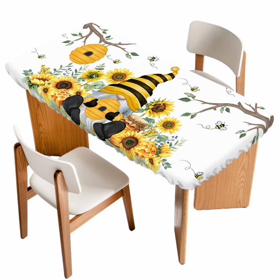 Gnomes Sunflower Table Cloths for 4 Foot Rectangle Tables, Bees Branches Floral Farmhouse Patio Waterproof Elastic Fitted Tablecloths, Washable Rectangular Table Cover for Camping