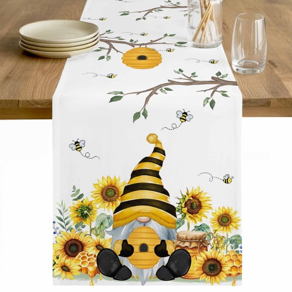 Gnomes Sunflower Table Runner - 70 Inch Long Bees Branches Floral Farmhouse Cotton and Linen Blended Dress Scarves Farmhouse Table Runner for Kitchen Dining, Coffee Table, 13" x 70"