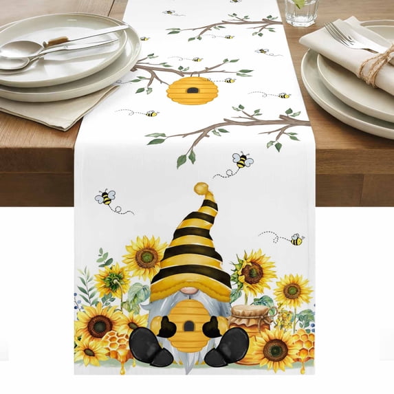 Gnomes Sunflower Table Runner - 90 Inch Long, Kitchen Dining Table Runner Dresser Scarves, Bees Branches Floral Farmhouse Farmhouse Decor for Coffee Tables Wedding Party Banquet