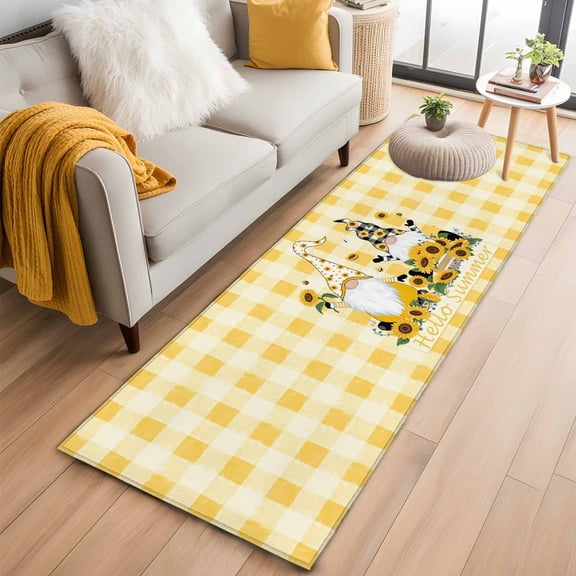 Gnomes Sunflowers 2'x6' Runner Rugs for Hallway Kitchen Bedside Non Slip Washable, Pastoral Botanical Yellow Plaid Entryway Rug Runners with Rubber Backing, Long Carpet Runner for Laundry Room