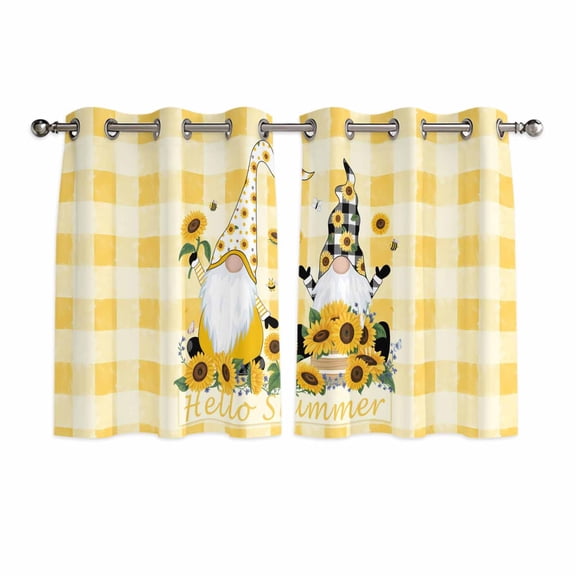 Gnomes Sunflowers Kitchen Curtains Window Panels, Pastoral Botanical Yellow Plaid Insulated Window Treatment Curtain, Grommet Curtains for Bedroom/Living Room/Bathroom, 2 Piece 42"Wx45"L