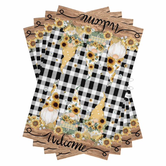 Gnomes Sunflowers Kitchen Towels Set of 4, Water Absorbent Dish Towel, Pastoral Botanical Black White Plaid Wooden Decorative Hand Towels - Quick Drying Cloth for Cooking Baking, 18x28 Inch