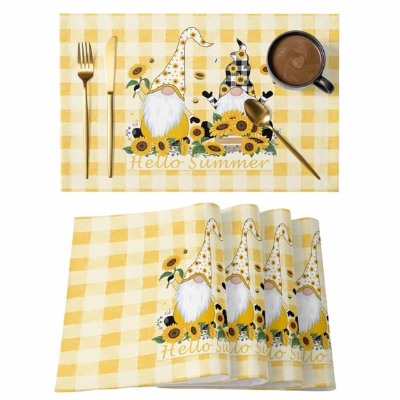 Gnomes Sunflowers Placemats Set of 4, Pastoral Botanical Yellow Plaid Placemats for Dining Table, Place Mats for Kitchen Tabletop, Waterproof Wipeable Dining Table Mats Set