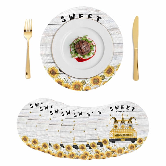 Gnomes Sunflowers Round 13 Inch Placemats Set of 8, Country Yellow Floral Bees Farmhouse Wooden HeatResistant Non Slip Place Mats for Dining Table, Wipeable Kitchen Table Mats for Housewarming