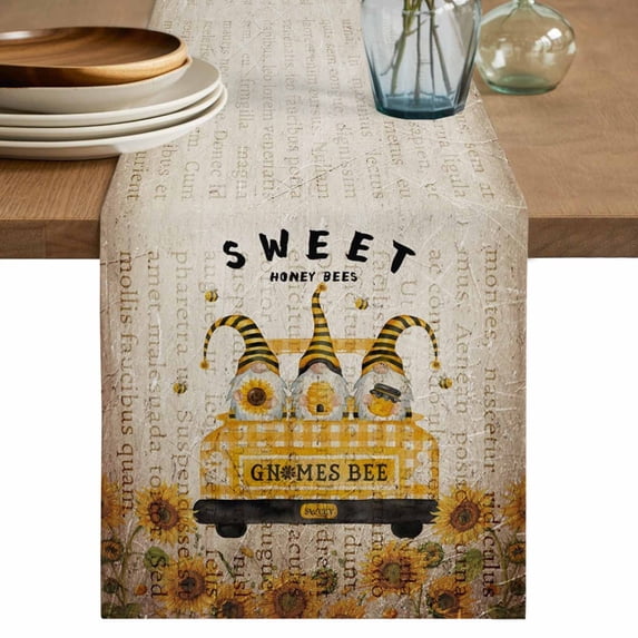 Gnomes Sunflowers Table Runner 108 Inches, Country Yellow Floral Bees Vintage Brown Bed Runner Dresser Scarves Tabletop for Indoor Outdoor Parties/Ceremony/Banquet, 13"x 108"