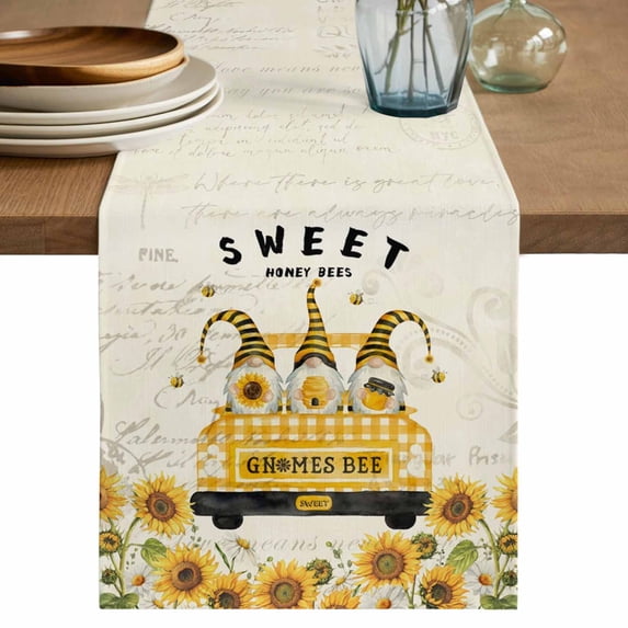 Gnomes Sunflowers Table Runner 120 Inches, Country Yellow Floral Bees Vintage Bed Runner Dresser Scarves Tabletop for Indoor Outdoor Parties/Ceremony/Banquet, 13"x 120"
