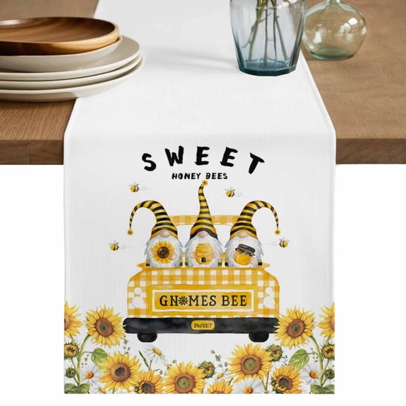 Gnomes Sunflowers Table Runner 48 Inches, Country Yellow Floral Bees Daisy Bed Runner Dresser Scarves Tabletop for Indoor Outdoor Parties/Ceremony/Banquet, 13" x 48"