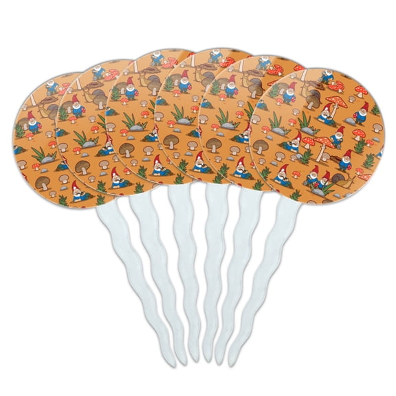 Gnomes Toadstools and Mushrooms Pattern Cupcake Picks Toppers Decoration Set of 6