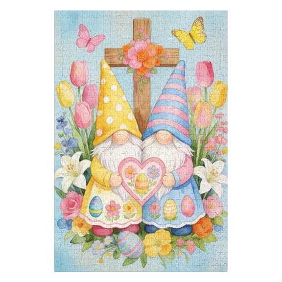 Gnomes with Tulips 500 Piece Puzzle Whimsical Easter Garden Scene with Gnomes and Blooming Tulips, A Colorful and Enchanting Springtime Celebration, Finished Size 20.5 x 15 Inches