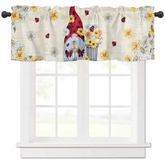 Gnomes Valances for Windows Farmhouse Kitchen Curtains Valances Rod Pocket Valance Curtains for Kitchen Windows White Yellow Daisy Floral Country Garden Floral Window Valances for Bathroom 42"x12"